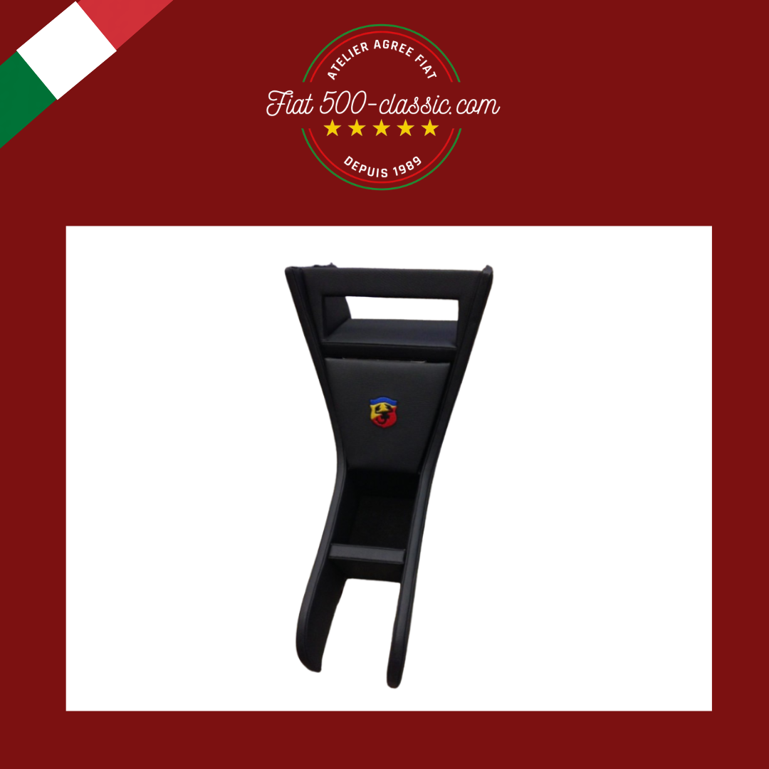PETIT MEUBLE SUPPORT AUTORADIO EN CUIR NOIR ÉCUSSON ABARTH FIAT 500