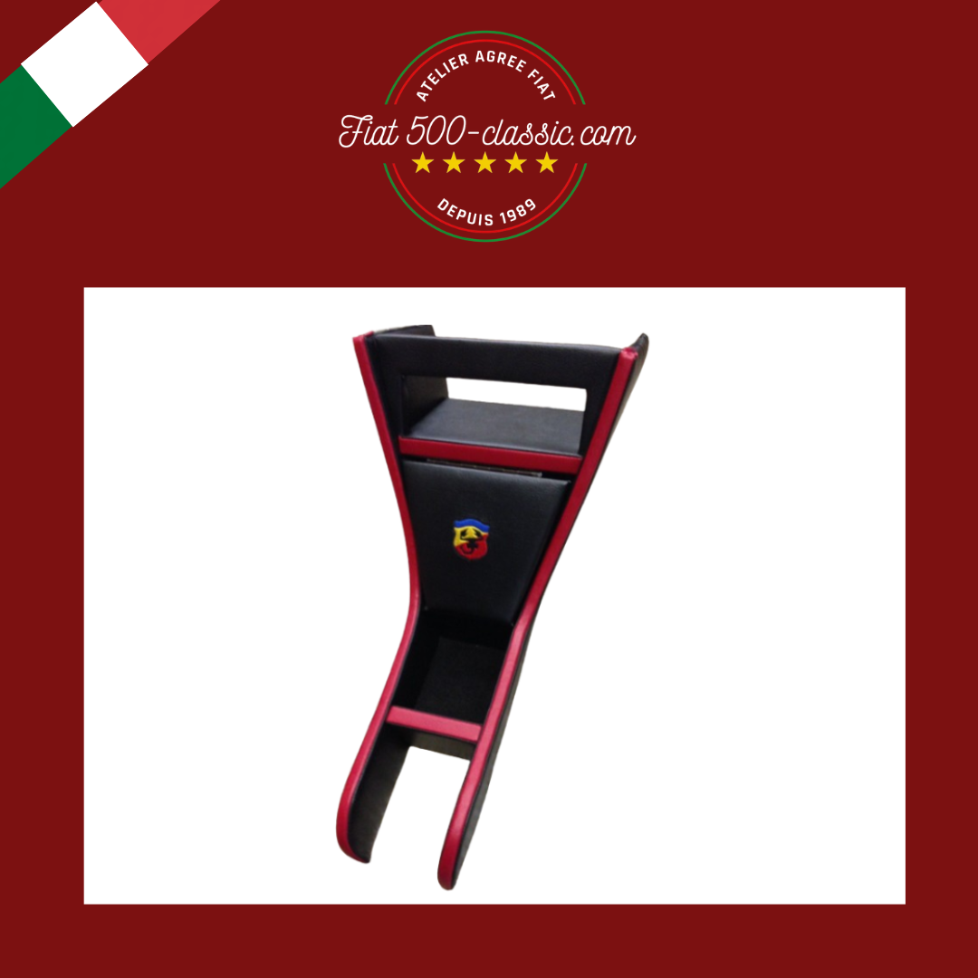 PETIT MEUBLE SUPPORT AUTORADIO EN CUIR NOIR BORD ROUGE ÉCUSSON ABARTH FIAT 500