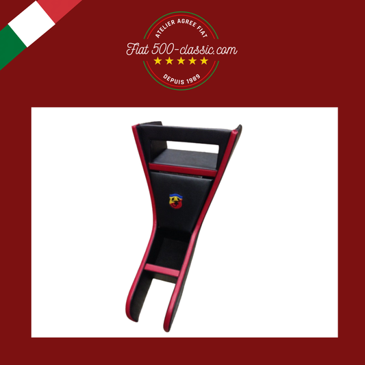 PETIT MEUBLE SUPPORT AUTORADIO EN CUIR NOIR BORD ROUGE ÉCUSSON ABARTH FIAT 500