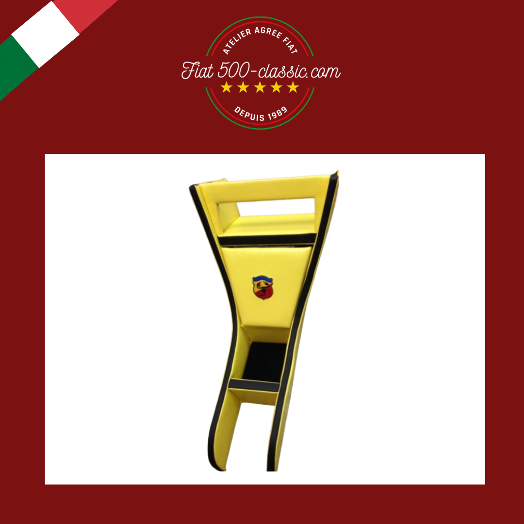 PETIT MEUBLE SUPPORT AUTORADIO EN CUIR JAUNE BORD NOIR ÉCUSSON ABARTH FIAT 500