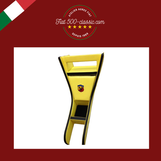 PETIT MEUBLE SUPPORT AUTORADIO EN CUIR JAUNE BORD NOIR ÉCUSSON ABARTH FIAT 500